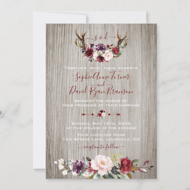 Invitation Russe Bourgogne rose Floral Antlers Mariage en boi (Devant)