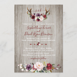 Invitation Russe Bourgogne rose Floral Antlers Mariage en boi