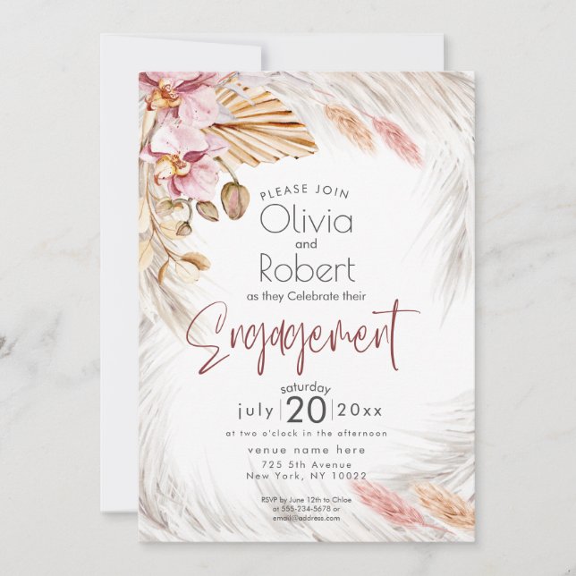 Invitation Russe Bourgogne rose Floral Ivory Pampas Grass Inv (Devant)