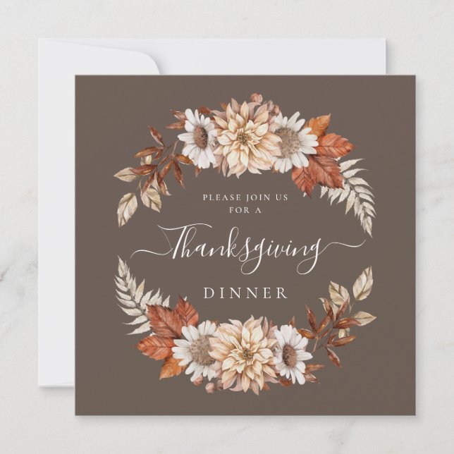 Invitation Russe Brown Automne Floral Thanksgiving Dîner (Devant)