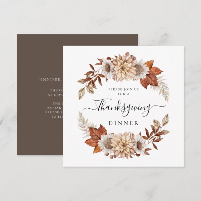 Invitation Russe Brown Automne quitte Thanksgiving Dîner (Devant / Derrière)