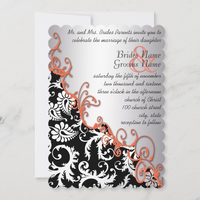 Invitation Russe Brown papier Damask Tangerine Fils (Devant)
