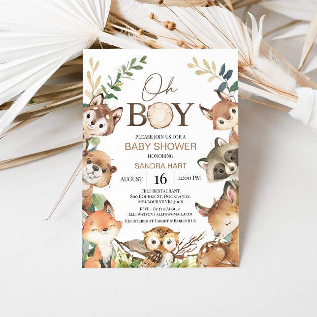 Invitation Russe Brown Vert aquarelle Baby shower bois (Boy Woodland Baby Shower Invitation, Forest Animals, Watercolour Woodland Animals, Greenery, Oh Boy)