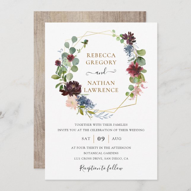 Invitation Russe Burgundy Navy Floral Mariage géométrique (Devant / Derrière)