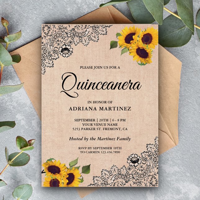 Invitation Russe Burlap Black dentelle Tournesol Quinceanera (Créateur téléchargé)