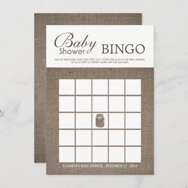 Invitation Russe Burlap Mason Jar Baby shower Bingo (Devant / Derrière)