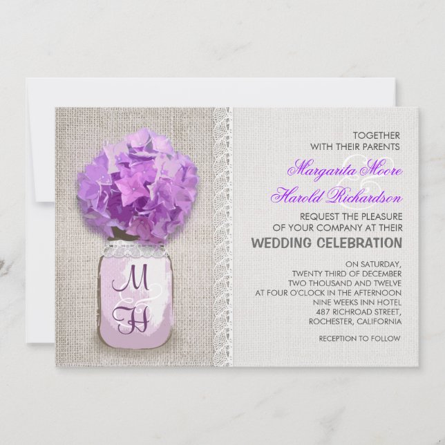 Invitation Russe Burlap Mason Jar Purple Hydrangea Mariage (Devant)