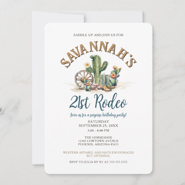 Invitation Russe Cactus Cowgirl Rodeo fête d'anniversaire (Devant)