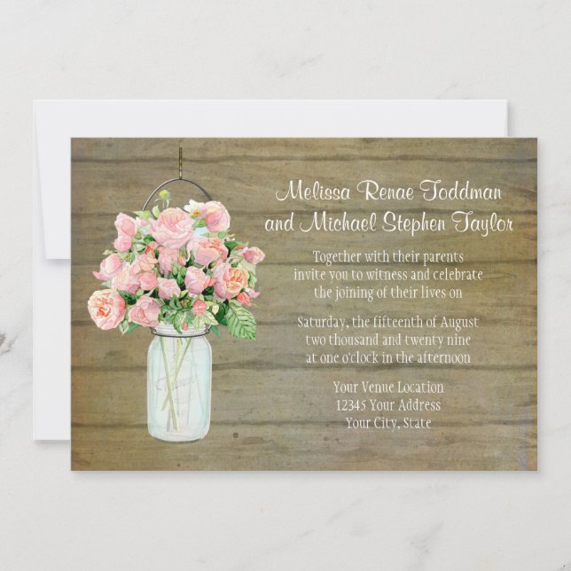 Invitation Russe Country Mason Jar Blush Roses Rose Bouquet (Devant)
