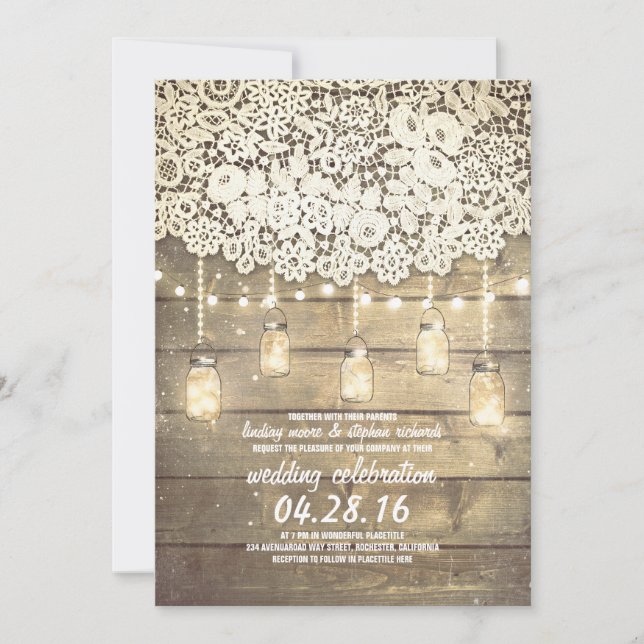 Invitation Russe Country Mason Jars Lumières dentelle Mariage (Devant)
