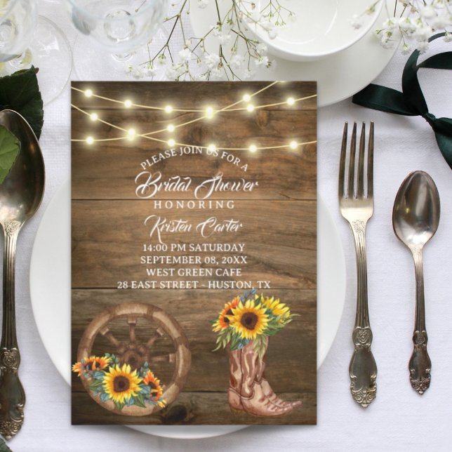 Invitation Russe Cowboy Boot Sunflower Fête des mariées occid (Rustic Cowboy Boot Sunflower Western Bridal Shower Invitation)
