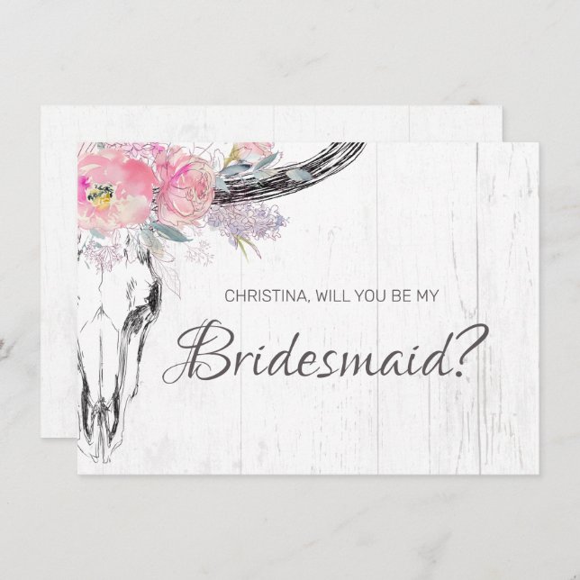 Invitation Russe Crâne de vache Boho Blush rose floral demois (Devant / Derrière)