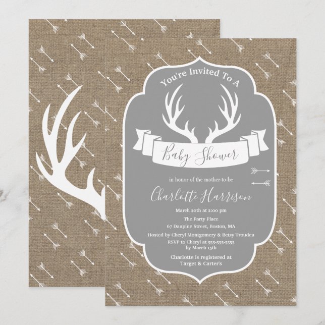 Invitation Russe Deer Antlers Gris & Faux Burlap Baby shower (Devant / Derrière)
