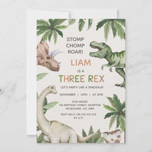 Invitation Russe Dinosaure Vert Trois Rex Anniversaire (Devant)