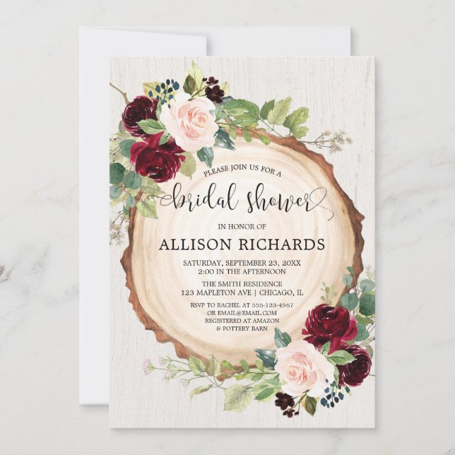 Invitation Russe douche nuptiale bordeaux bleu rose floral (Devant)