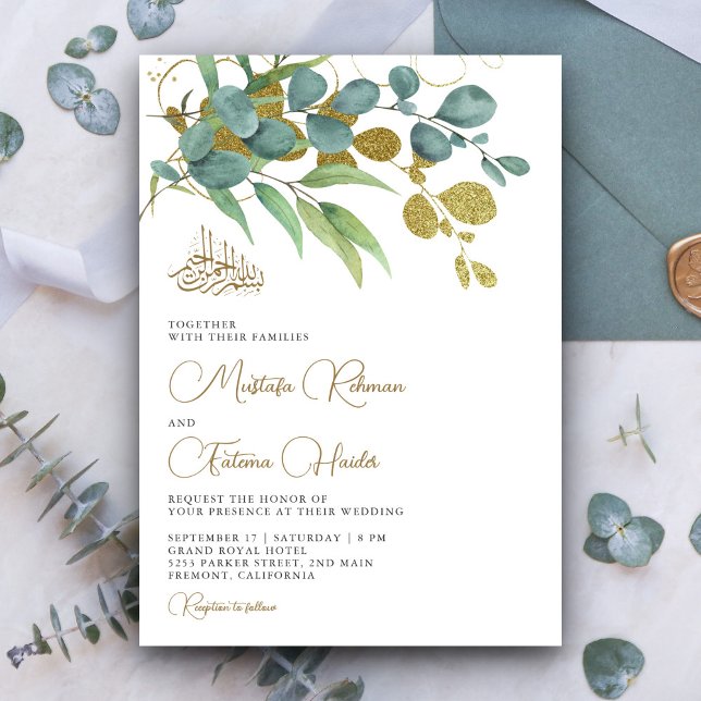 Invitation Russe Eucalyptus Gold Branche Mariage islamique (Créateur téléchargé)
