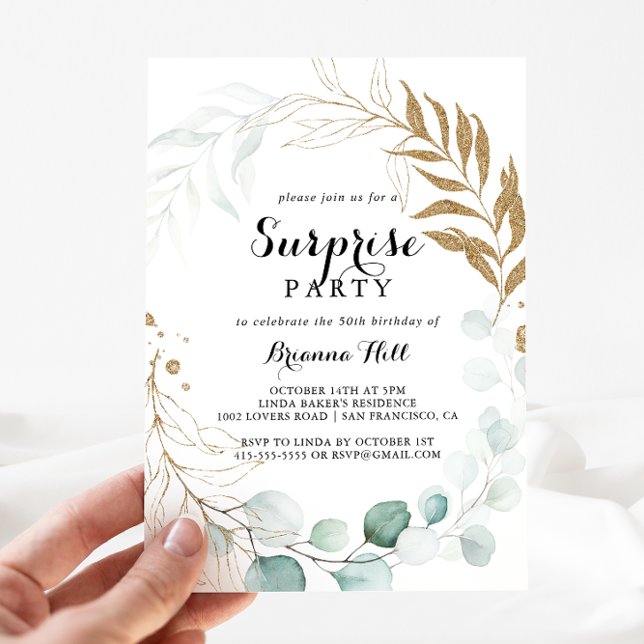 Invitation Russe Eucalyptus Gold Calligraphie Parti surprise (Créateur téléchargé)