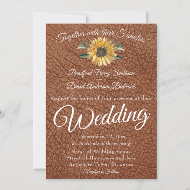 Invitation Russe Faux Brown Cuir Golden Tournesol mariage (Devant)
