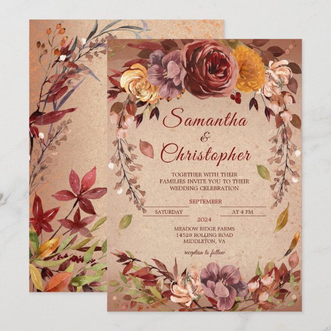Invitation Russe Fleur d'automne Bourgogne Ambre Mariage de a (Devant / Derrière)
