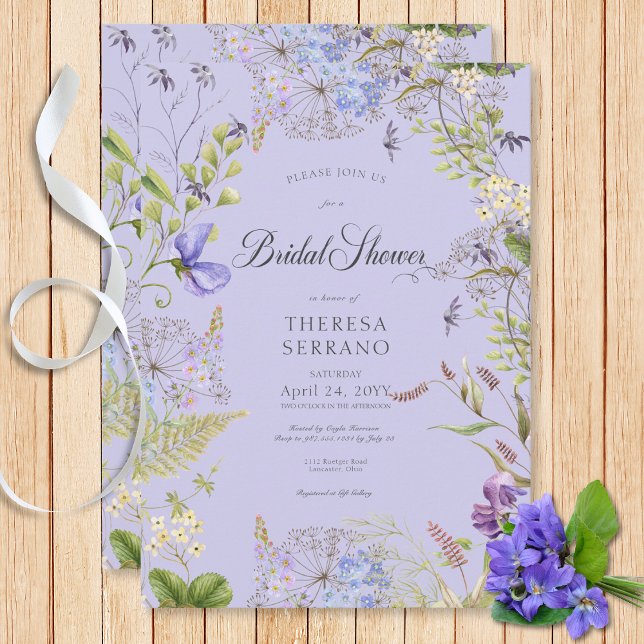 Invitation Russe Fleur sauvage violet  Fête des mariées viole (Rustic Purple Sage Wildflower Purple Bridal Shower Invitation)