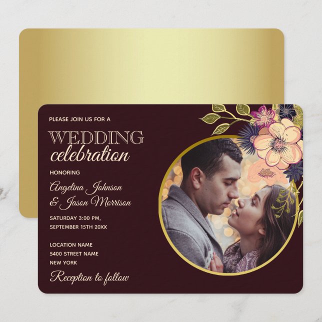 Invitation Russe Floral Bourgogne Mariage (Devant / Derrière)