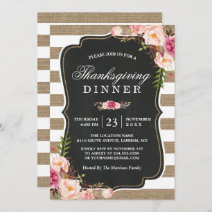 Invitation Russe Floral Burlap Stripes Thanksgiving Dîner
