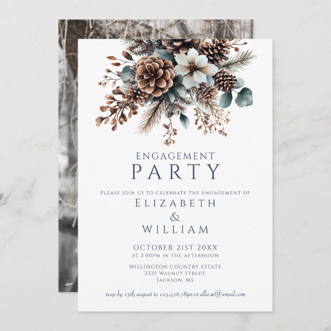 Invitation Russe Floral Pinecone Engagement Party Photo (Devant / Derrière)