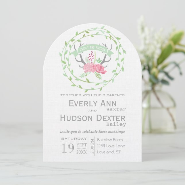 Invitation Russe Forest Garland Deer Antler Mariage (Debout devant)
