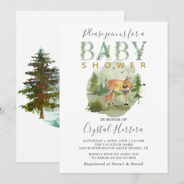 Invitation Russe Forêt de bois Aquarelle Baby shower de cerfs (Devant / Derrière)