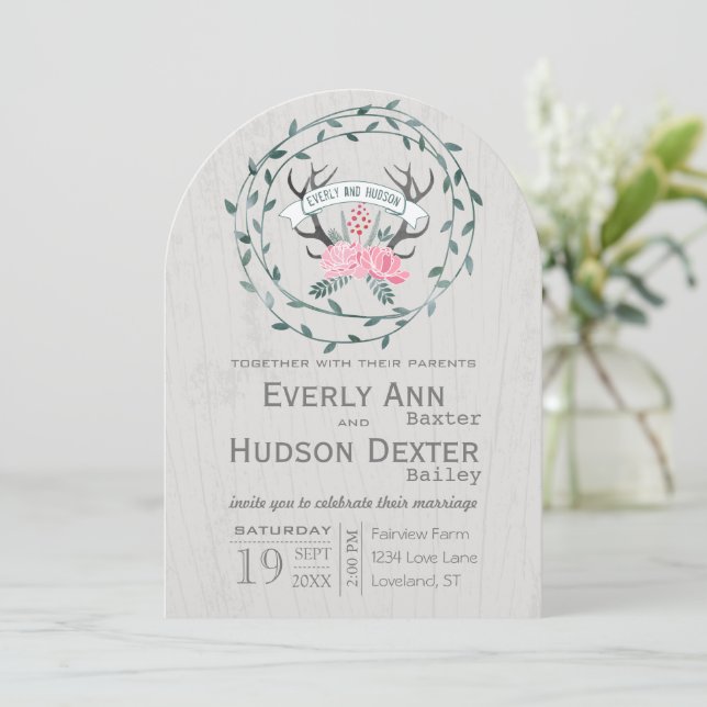 Invitation Russe Forêt Garland Antler Grange Mariage bois (Debout devant)