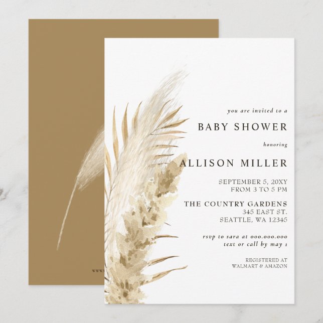 Invitation Russe Genre Neutre Boho Pampas Baby shower Inv (Devant / Derrière)