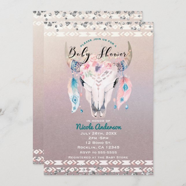 Invitation Russe Glam Boho Floral Vache Baby shower crâne (Devant / Derrière)