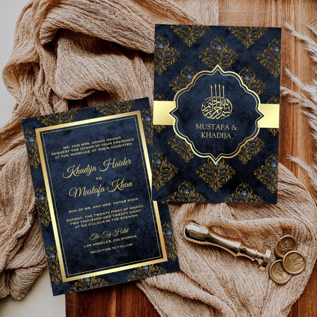 Invitation Russe Gold Navy Blue Damask Mariage musulman (Créateur téléchargé)