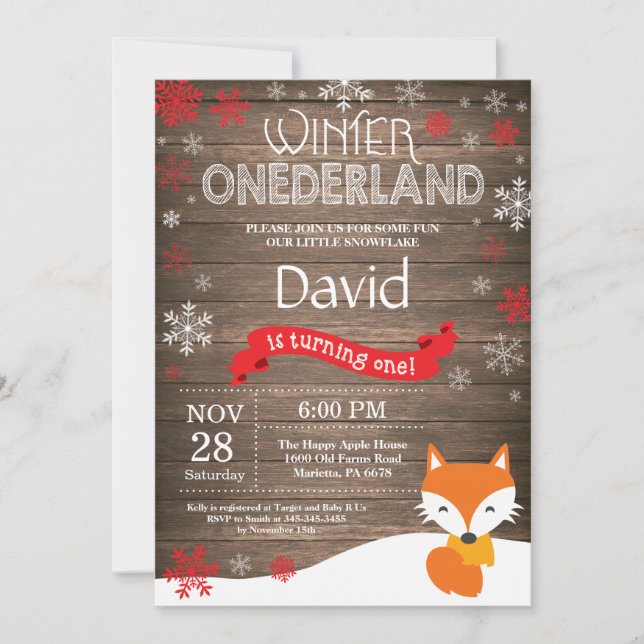 Invitation Russe hiver Onederland Fox 1er anniversaire (Devant)