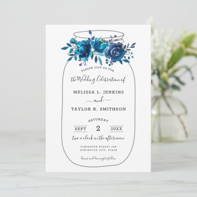 Invitation Russe Indigo Peony Mason Jar Mariage (Debout devant)