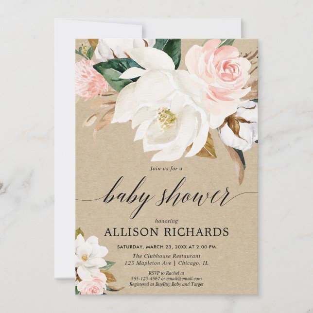 Invitation Russe kraft rose rousse magnolia fille baby shower (Devant)