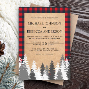 Invitation Russe Kraft Rouge Buffalo Plaid White Pine Mariage
