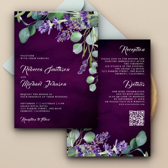 Invitation Russe Lavender Eucalyptus QR Code Mariage violet (Créateur téléchargé)
