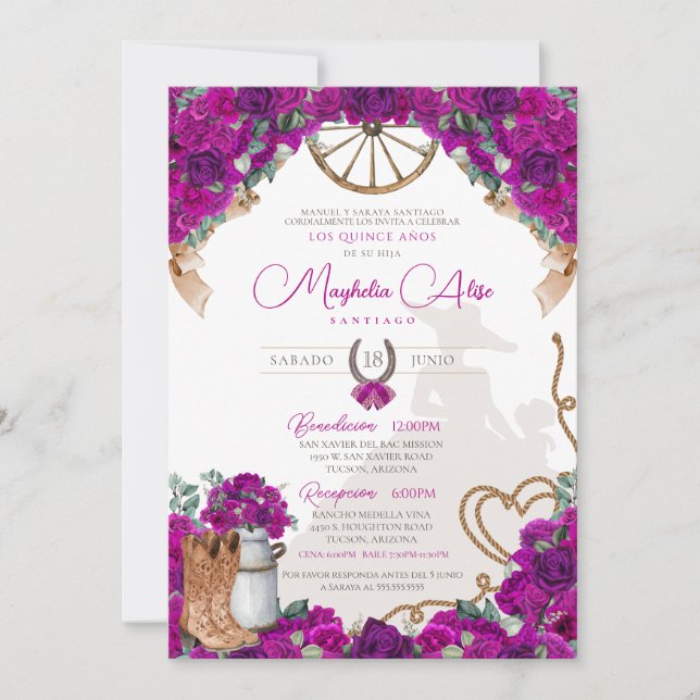 Invitation Russe Magenta Hot rose Ouest Charro Quinceañera (Devant)