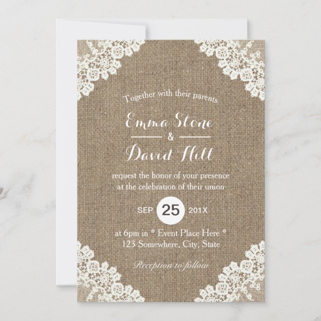 Invitation Russe Mariage Blanche dentelle & Burlap Vintage (Devant)