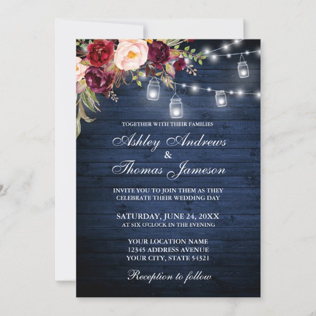 Invitation Russe Mariage Bleu Bois Lumières Jarres Floral (Devant)