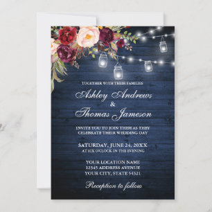 Invitation Russe Mariage Bleu Bois Lumières Jarres Floral