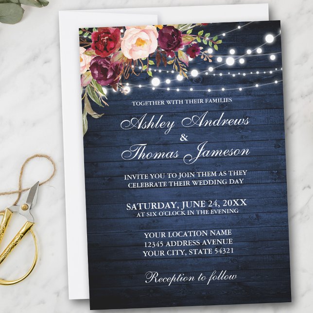 Invitation Russe Mariage Bourgogne Floral Bleu Lumières en Bo (Customize to add more text or photos to back of card.)