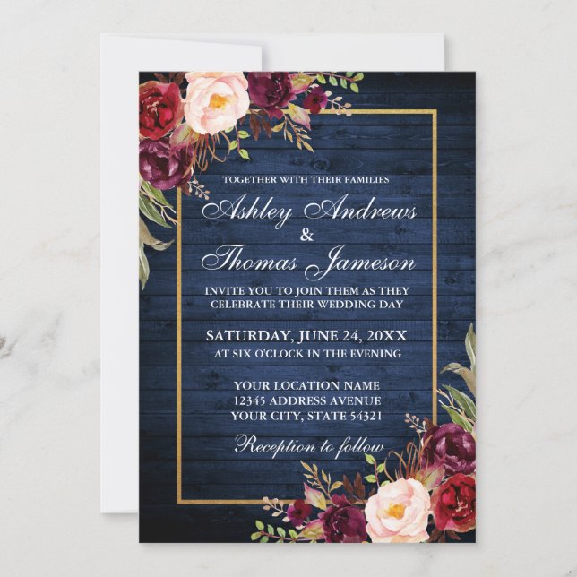 Invitation Russe Mariage or Bourgogne Floral Bleu Bois (Devant)