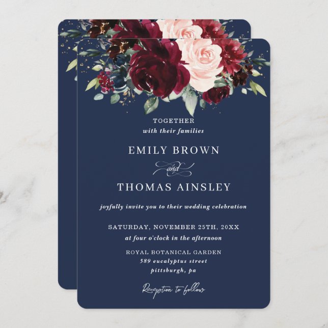 Invitation Russe Marine Bleu Blush Bourgogne Floral Mariage (Devant / Derrière)