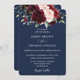 Invitation Russe Marine Bleu Blush Bourgogne Floral Mariage