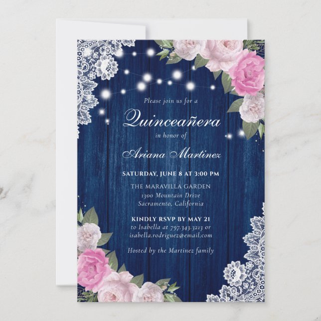 Invitation Russe Marine Bleu Blush rose Floral Quinceañera (Devant)
