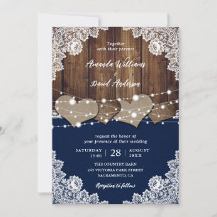 Invitation Russe Marine Bleu Grange Bois Burlap Mariage dente