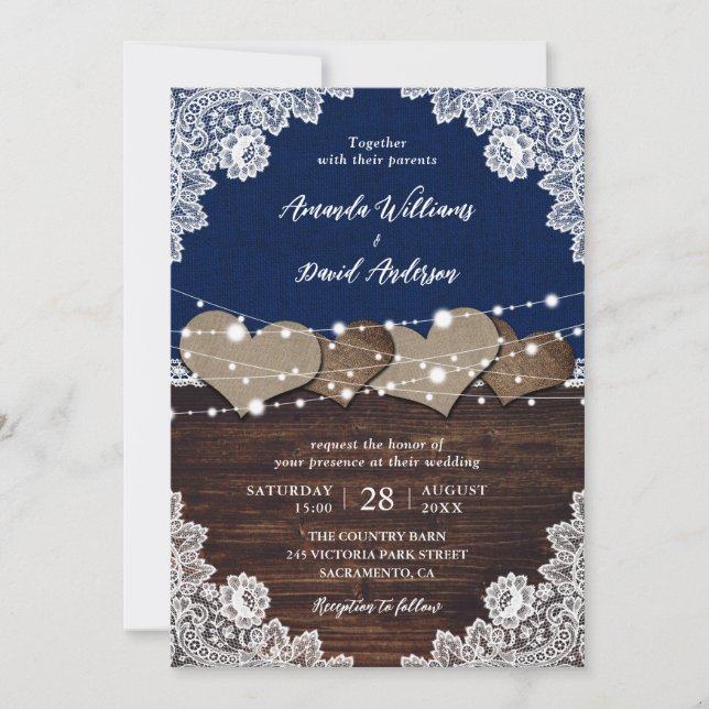Invitation Russe Marine Bleu Mariage de dentelle Burlap (Devant)