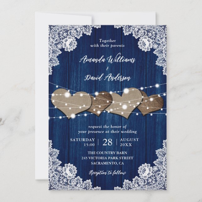 Invitation Russe Marine Bleu Mariage de dentelle Burlap (Devant)